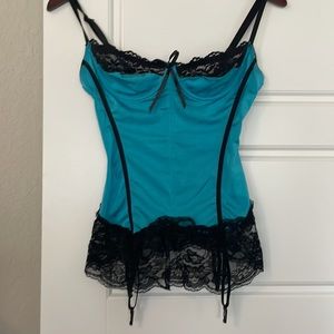 Blue & Black Corset Lingerie Lace Detail - Garter Straps - Size Small